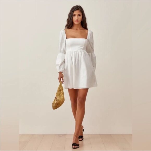 Reformation Michaela Mini White Puff Sleeve Dress Size 10 - Picture 4 of 10